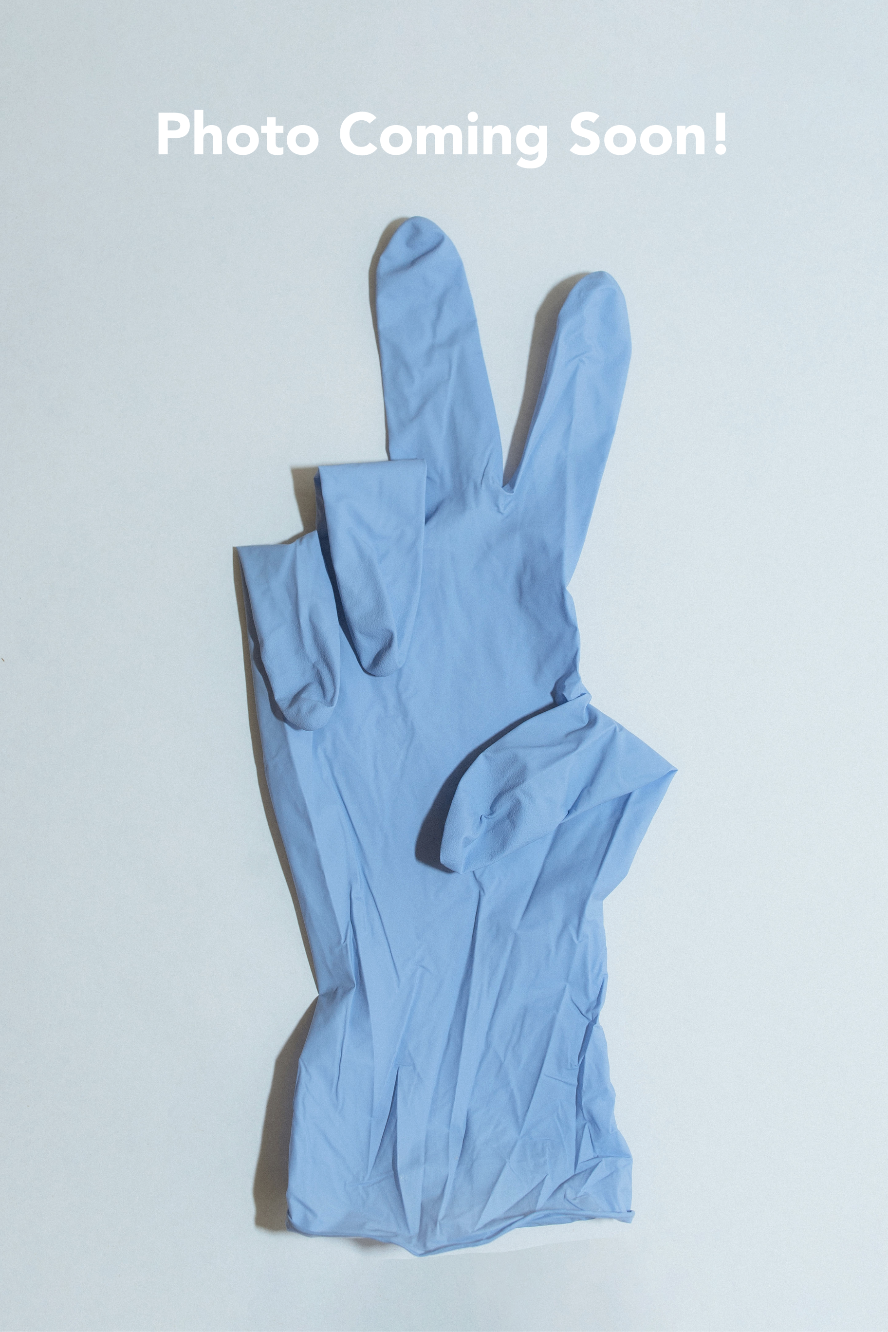 Blue medical glove making a peace sign on a white background with the text “Photo Coming Soon” above
